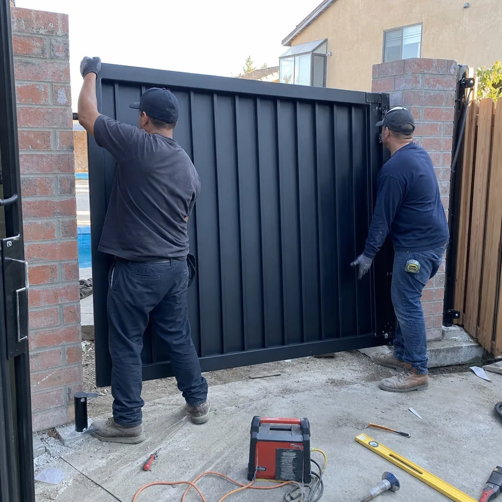 Two contractors installing a custom wrought iron driveway gate
