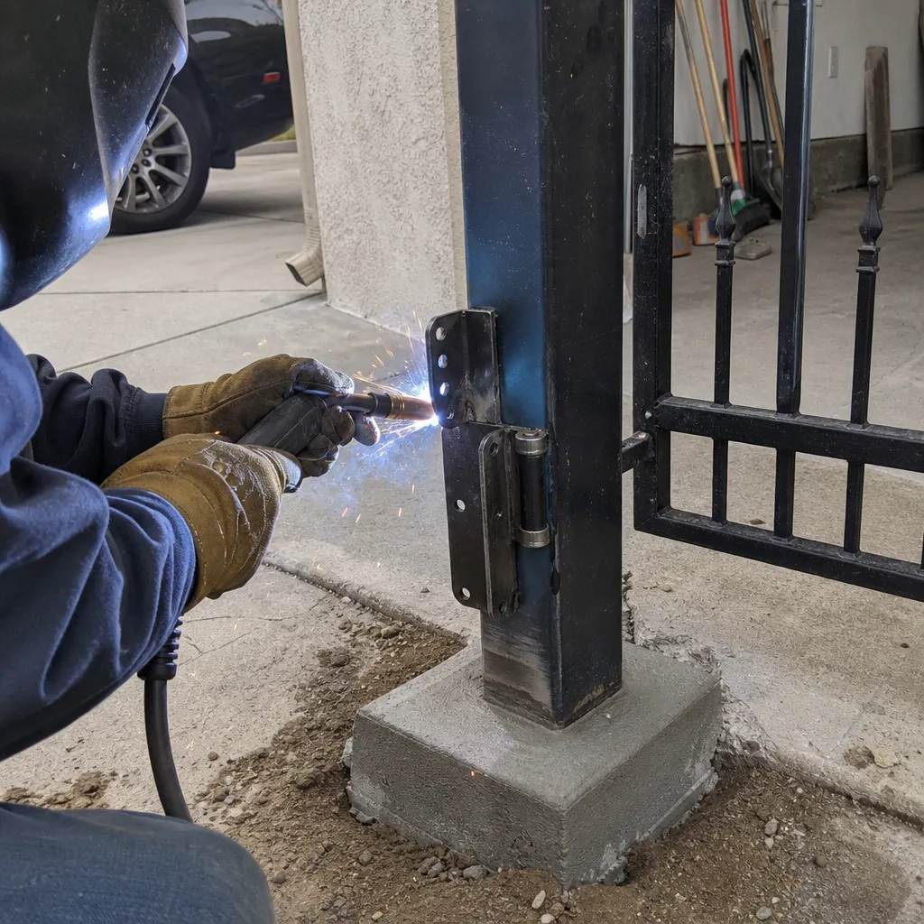Professional technician performing metal gate installation and welding repairs.
