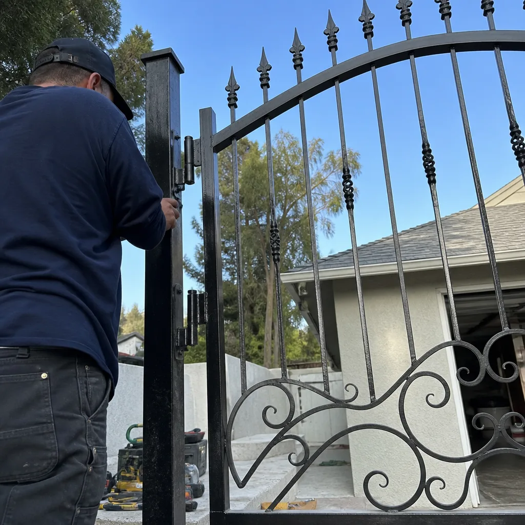 Professional welder performing metal gate repair and installation