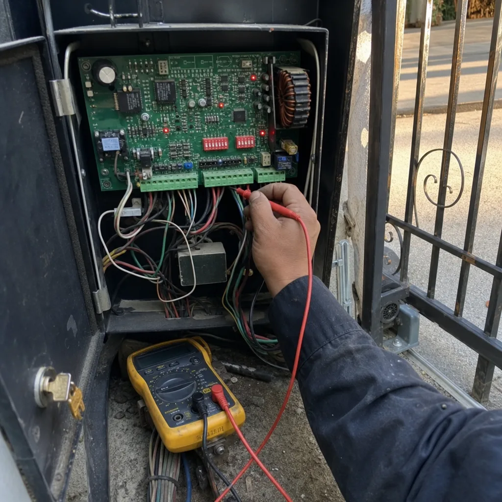 Technician using a multimeter to repair an electronic gate motor opener