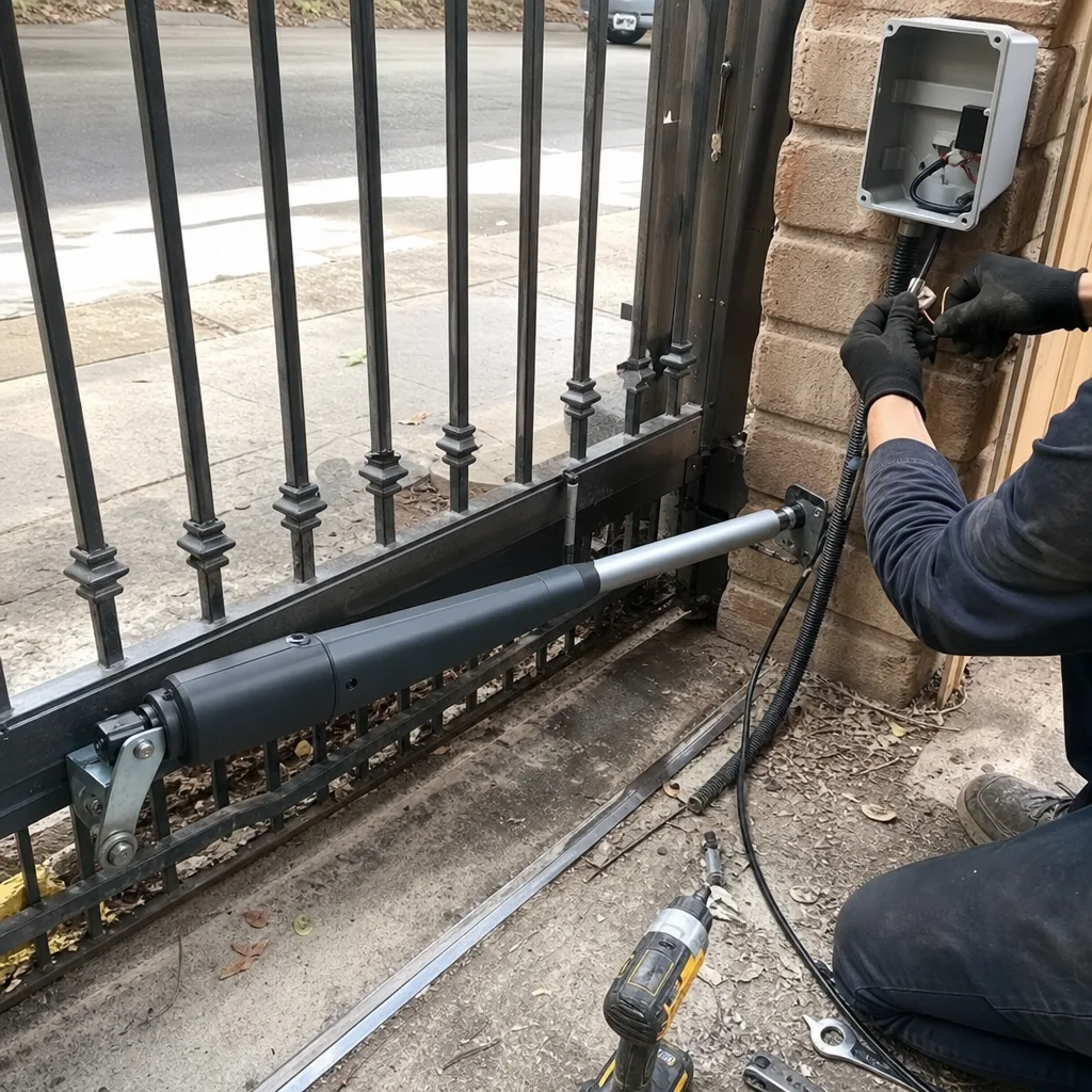 Technician installing electric gate motor and opener system