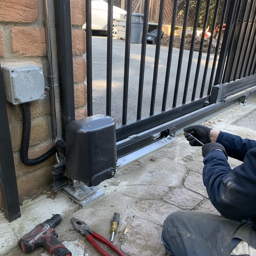 Technician performing professional gate motor and opener repair service