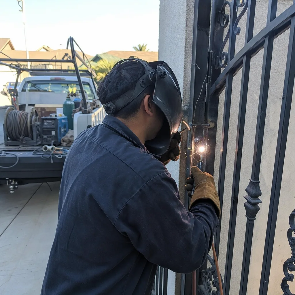 Technician using an angle grinder for metal gate repair services.