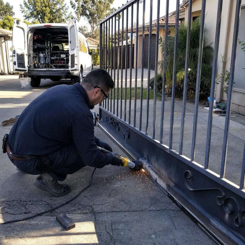 Professional welder performing gate repair and metal hinge installation